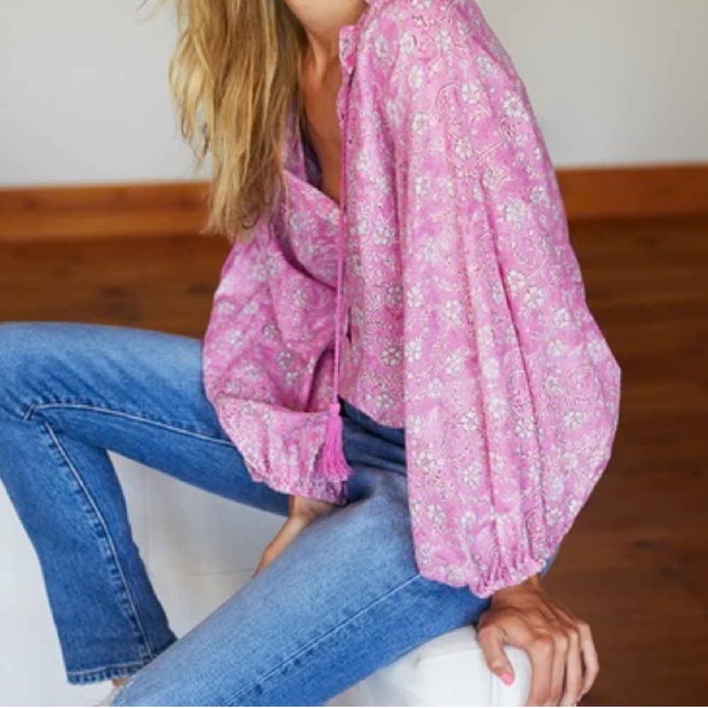 Emerson Fry India Collection Bardot Top Pink Floral Organic Cotton Size Small